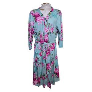 Posh Peanut Aqua Green & Pink Rose Floral Bamboo long sleeve‎ Robe Size XXL